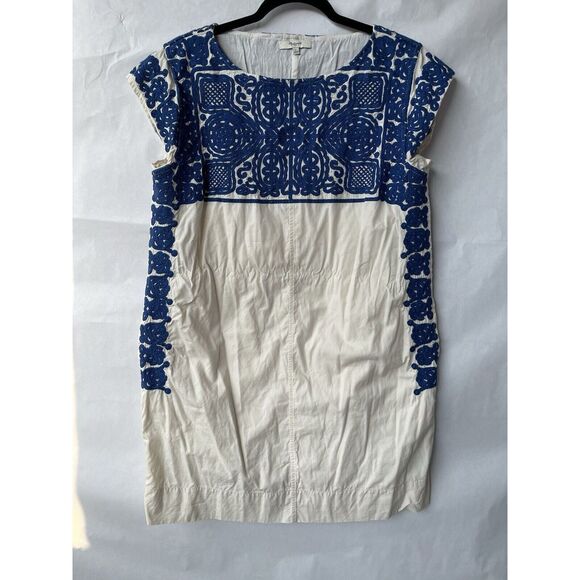 Madewell Dresses & Skirts - Madewell Blue White Cotton Shift Dress Embroidered Boat Neck Cap Sleeve Women L